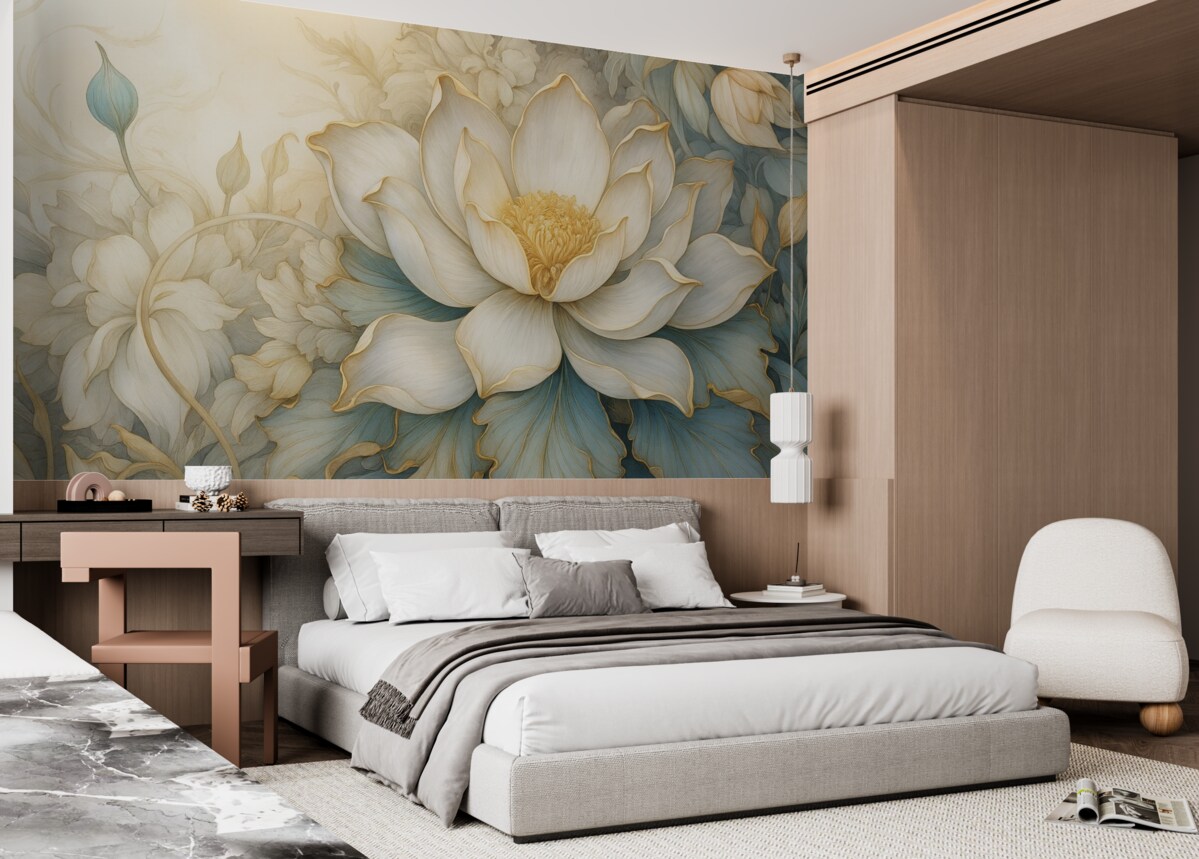 Fototapeta Wielki, subtelny biały kwiat lilii oraz liście z gładkimi, warstwowymi dekoracyjnymi płatkami na abstrakcyjnym, fakturowanym tle.