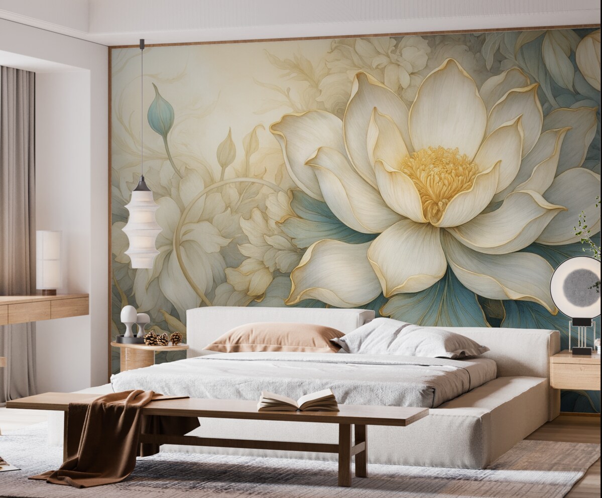 Fototapeta Wielki, subtelny biały kwiat lilii oraz liście z gładkimi, warstwowymi dekoracyjnymi płatkami na abstrakcyjnym, fakturowanym tle.