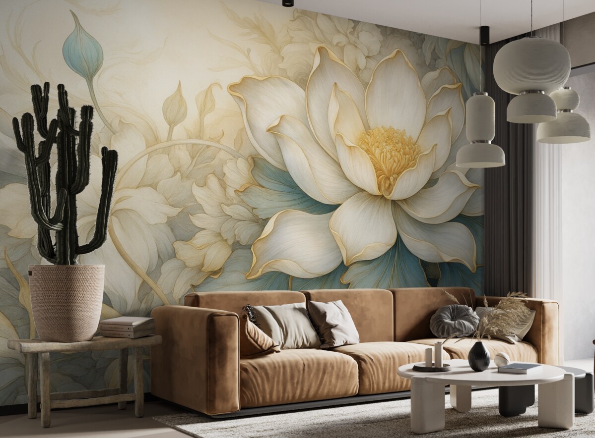 Fototapeta Wielki, subtelny biały kwiat lilii oraz liście z gładkimi, warstwowymi dekoracyjnymi płatkami na abstrakcyjnym, fakturowanym tle.