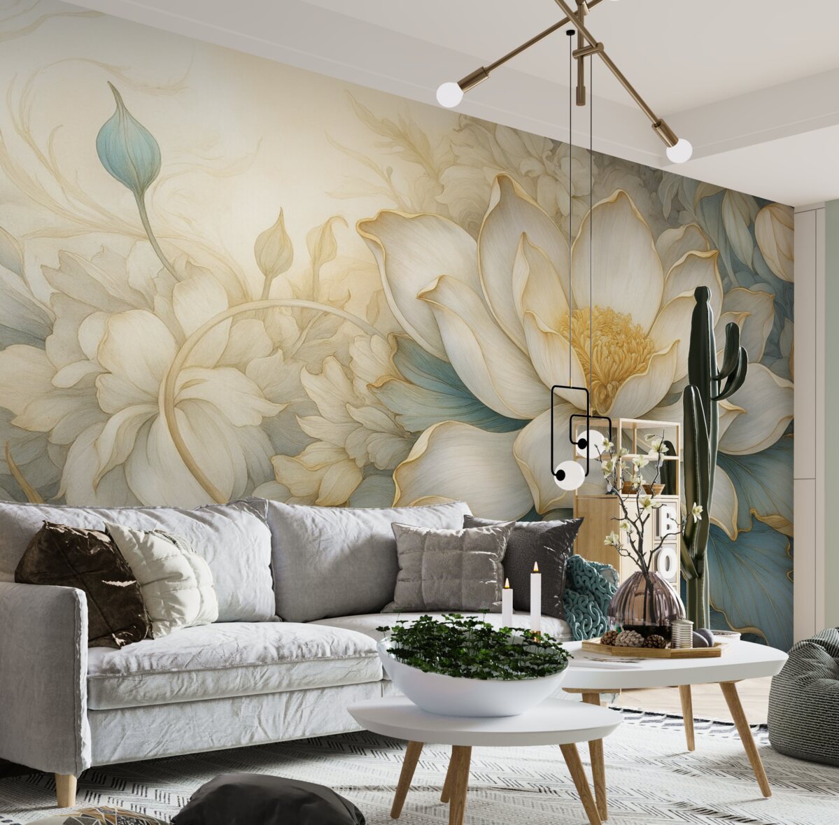 Fototapeta Wielki, subtelny biały kwiat lilii oraz liście z gładkimi, warstwowymi dekoracyjnymi płatkami na abstrakcyjnym, fakturowanym tle.