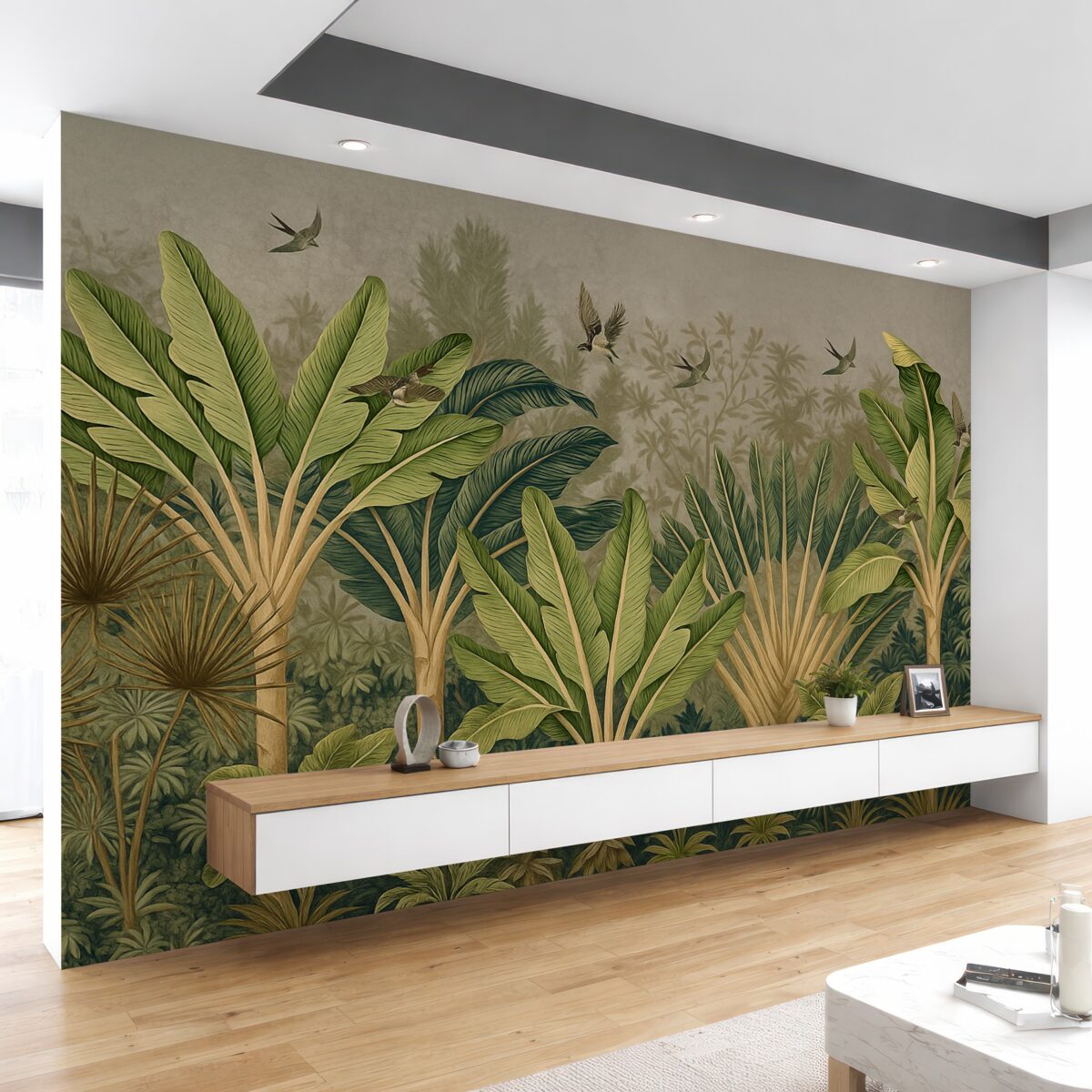 Fototapeta Tropikalna dżungla z ogromnymi liśćmi, palmami oraz barwnymi liśćmi na wyróżniającym się tle.