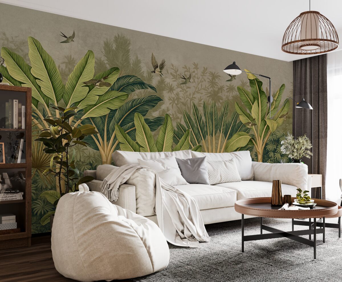 Fototapeta Tropikalna dżungla z ogromnymi liśćmi, palmami oraz barwnymi liśćmi na wyróżniającym się tle.