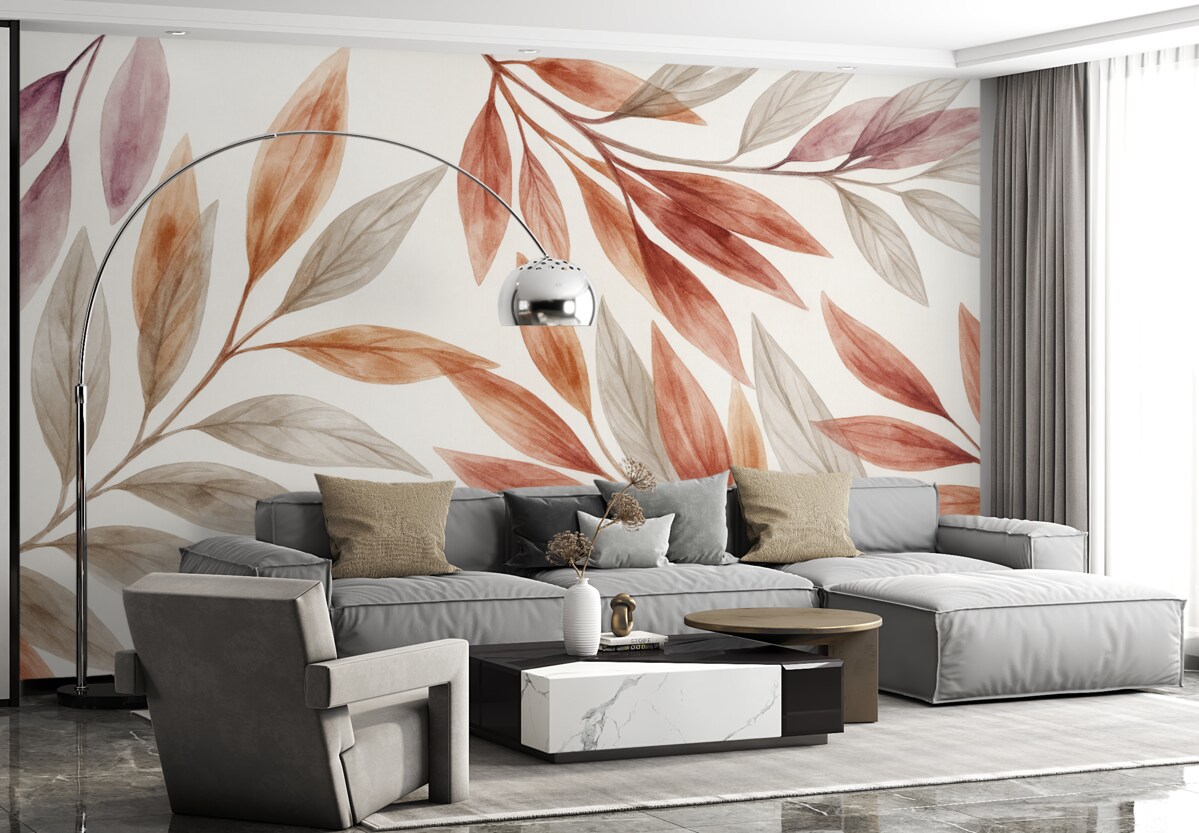 Fototapeta Subtelne pastelowe liście o różowej i szarej strukturze, komponujące spokojną oraz minimalistyczną aranżację botaniczną.