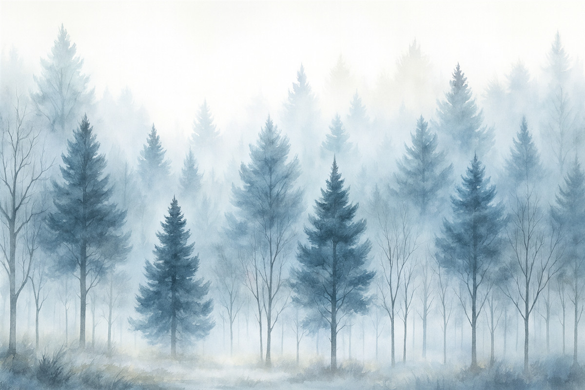 Fototapeta Zamglony leśny widok z wysokimi sosnami oraz nagimi drzewami liściastymi na pierwszym planie.