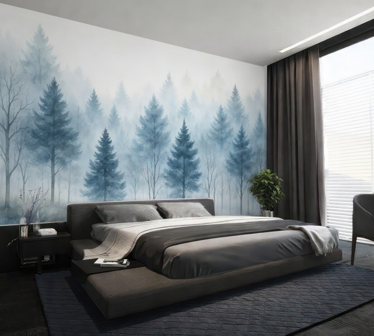 Fototapeta Zamglony leśny widok z wysokimi sosnami oraz nagimi drzewami liściastymi na pierwszym planie.