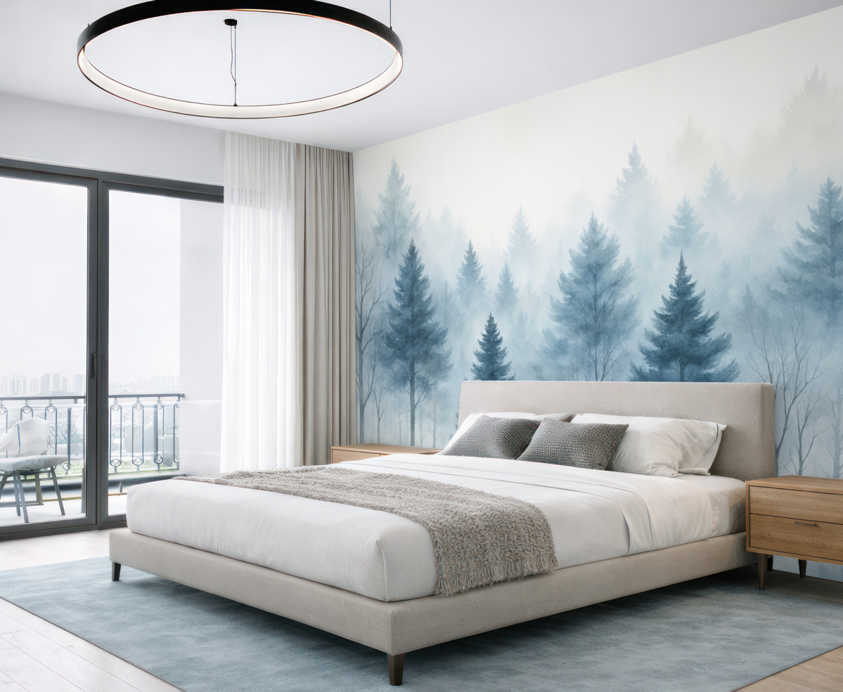 Fototapeta Zamglony leśny widok z wysokimi sosnami oraz nagimi drzewami liściastymi na pierwszym planie.