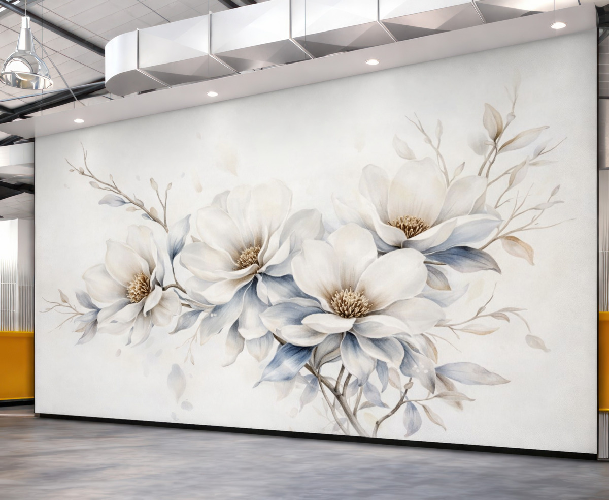 Fototapeta Subtelne białe kwiaty magnolii z delikatnymi niebieskimi płatkami na jasnym tle przypominają akwarelę w stylu minimalizmu.