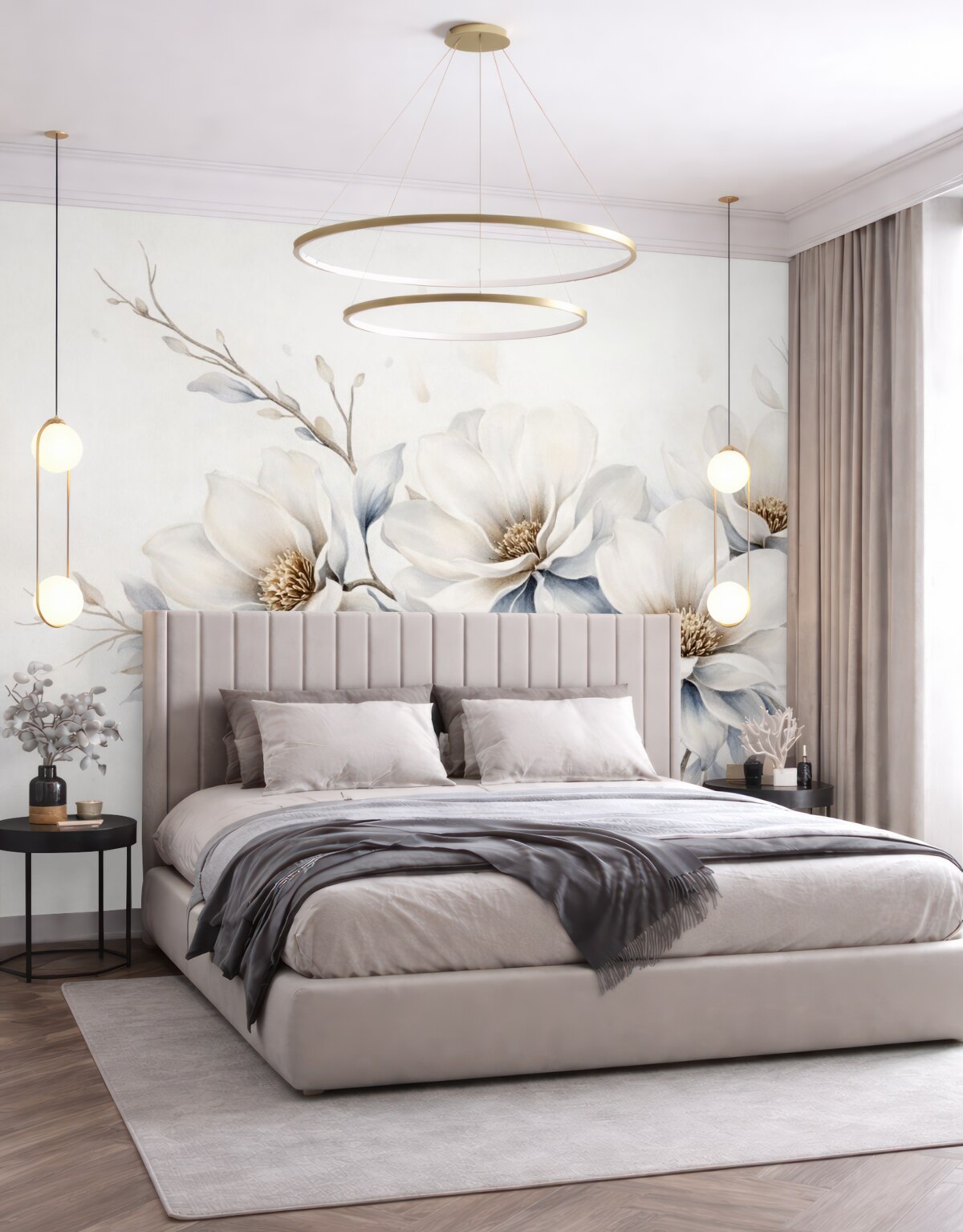 Fototapeta Subtelne białe kwiaty magnolii z delikatnymi niebieskimi płatkami na jasnym tle przypominają akwarelę w stylu minimalizmu.