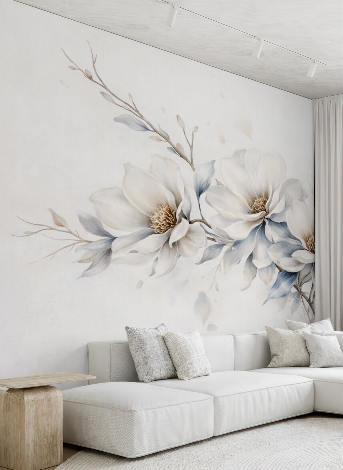 Fototapeta Subtelne białe kwiaty magnolii z delikatnymi niebieskimi płatkami na jasnym tle przypominają akwarelę w stylu minimalizmu.