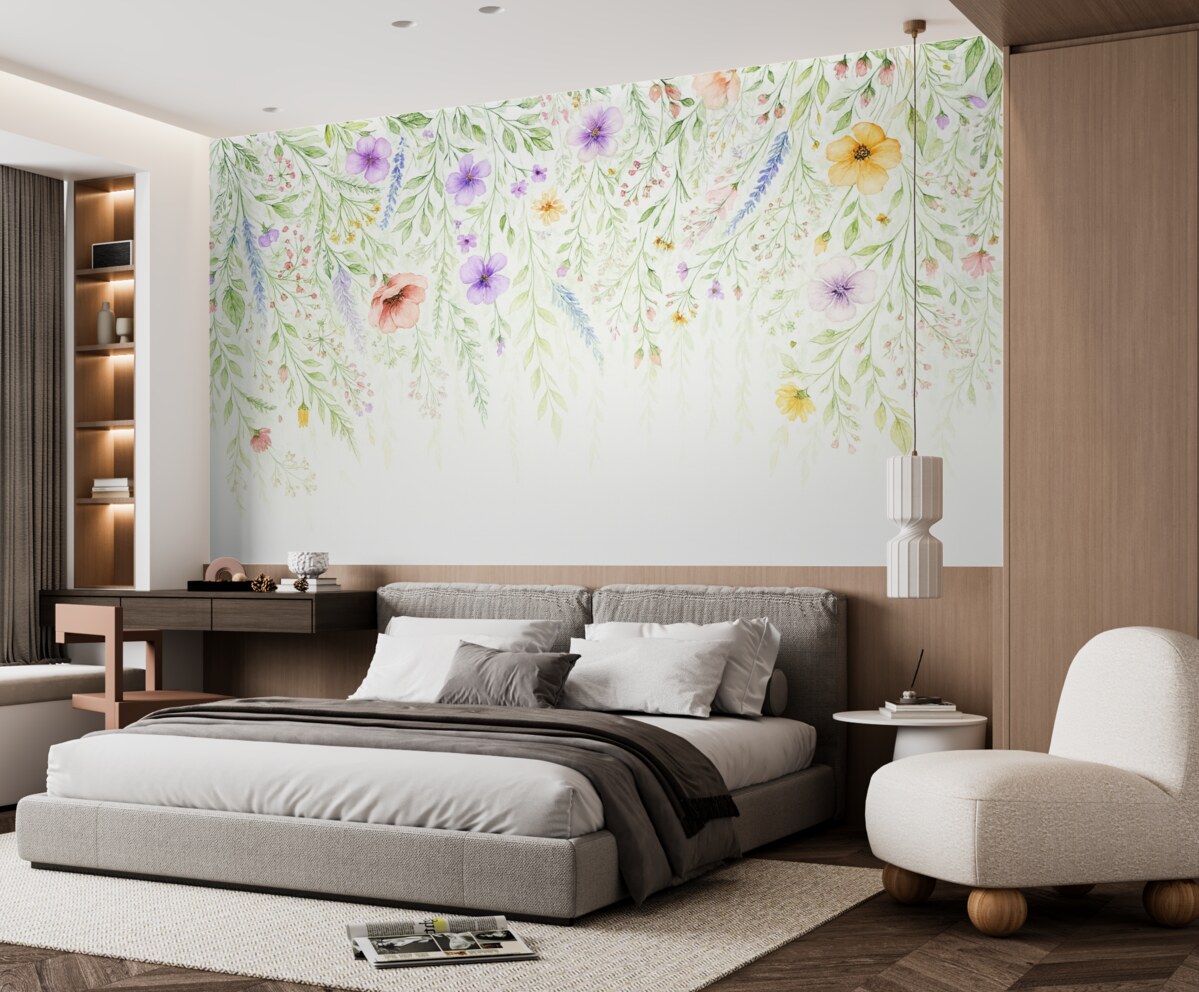 Fototapeta Kolorowy nadruk kaskadowy z różnorodnymi kwiatami, liśćmi i roślinami w technice akwarelowej.