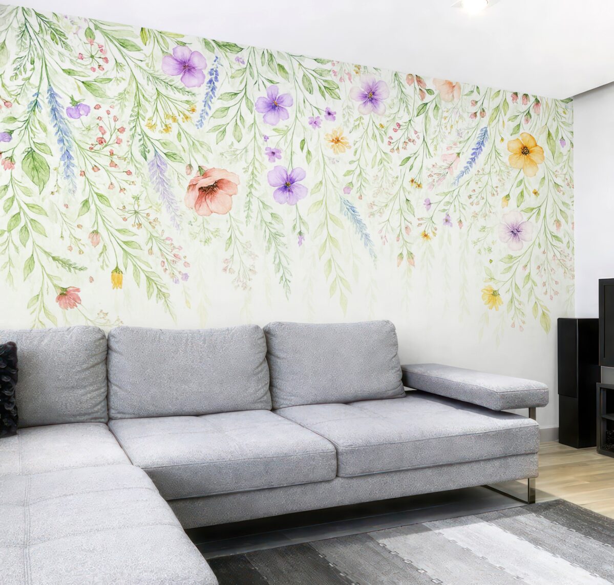 Fototapeta Kolorowy nadruk kaskadowy z różnorodnymi kwiatami, liśćmi i roślinami w technice akwarelowej.