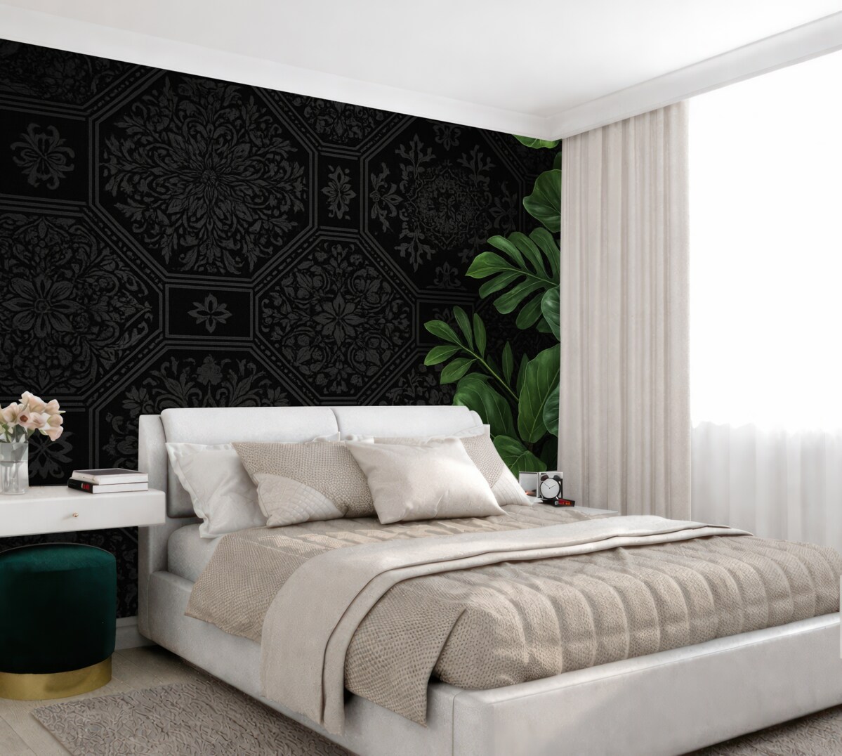 Fototapeta Ciemny, dekoracyjny, pęknięty abstrakcyjny motyw na czarnym tle, w kontraście z bogatymi zielonymi tropikalnymi liśćmi.