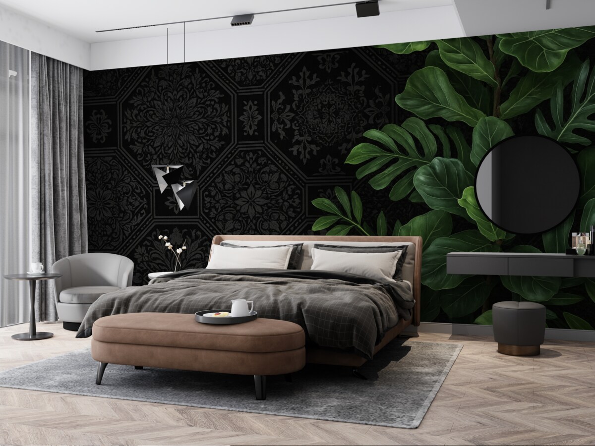 Fototapeta Ciemny, dekoracyjny, pęknięty abstrakcyjny motyw na czarnym tle, w kontraście z bogatymi zielonymi tropikalnymi liśćmi.