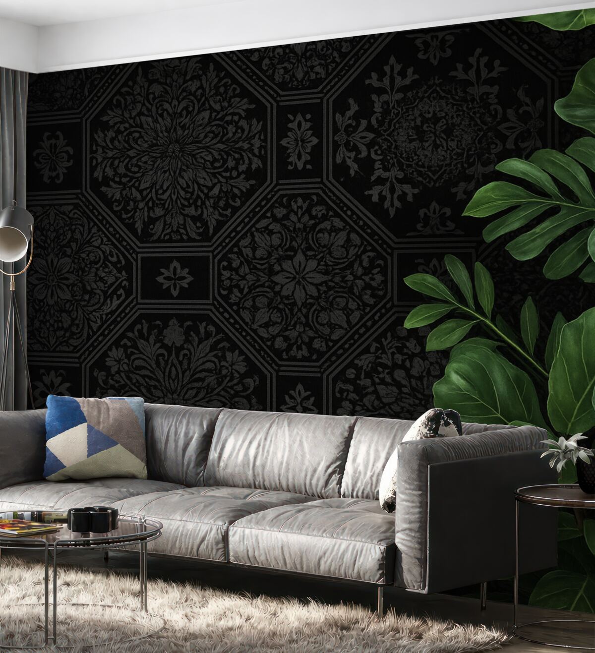 Fototapeta Ciemny, dekoracyjny, pęknięty abstrakcyjny motyw na czarnym tle, w kontraście z bogatymi zielonymi tropikalnymi liśćmi.