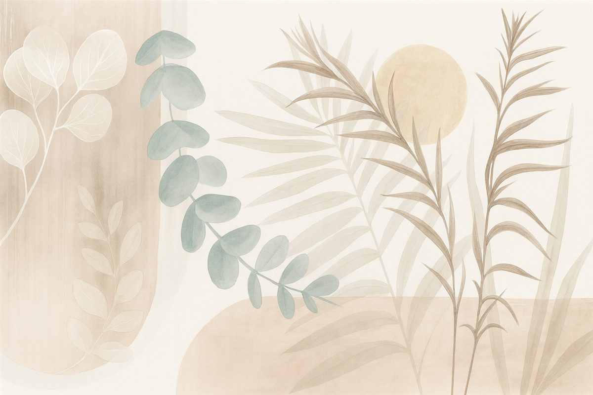 Fototapeta Minimalistyczny abstrakcyjny wzór z stylizowanymi liśćmi oraz eukaliptusem o delikatnych, beżowych organicznych formach w subtelnych pastelowych odcieniach.
