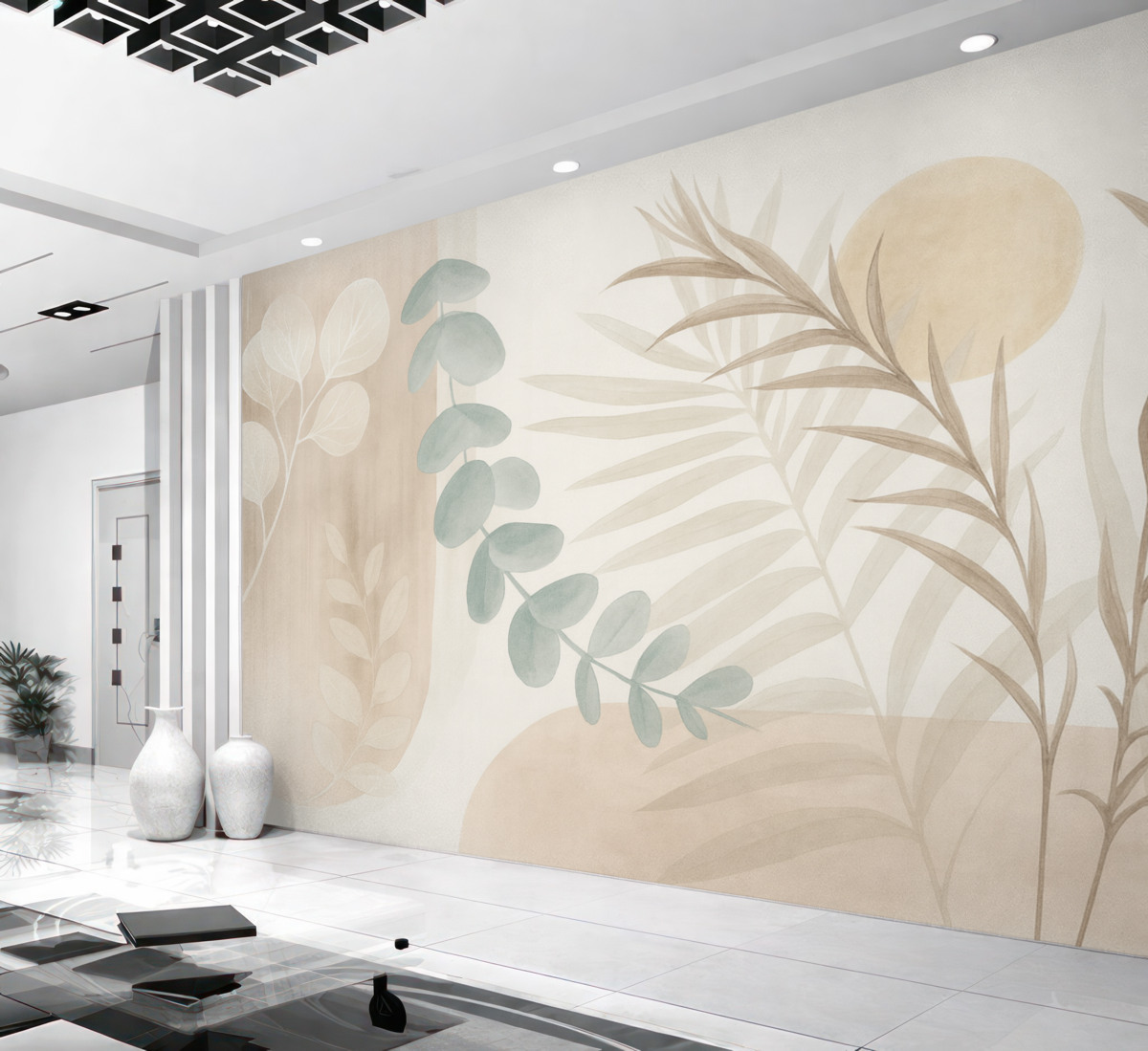 Fototapeta Minimalistyczny abstrakcyjny wzór z stylizowanymi liśćmi oraz eukaliptusem o delikatnych, beżowych organicznych formach w subtelnych pastelowych odcieniach.