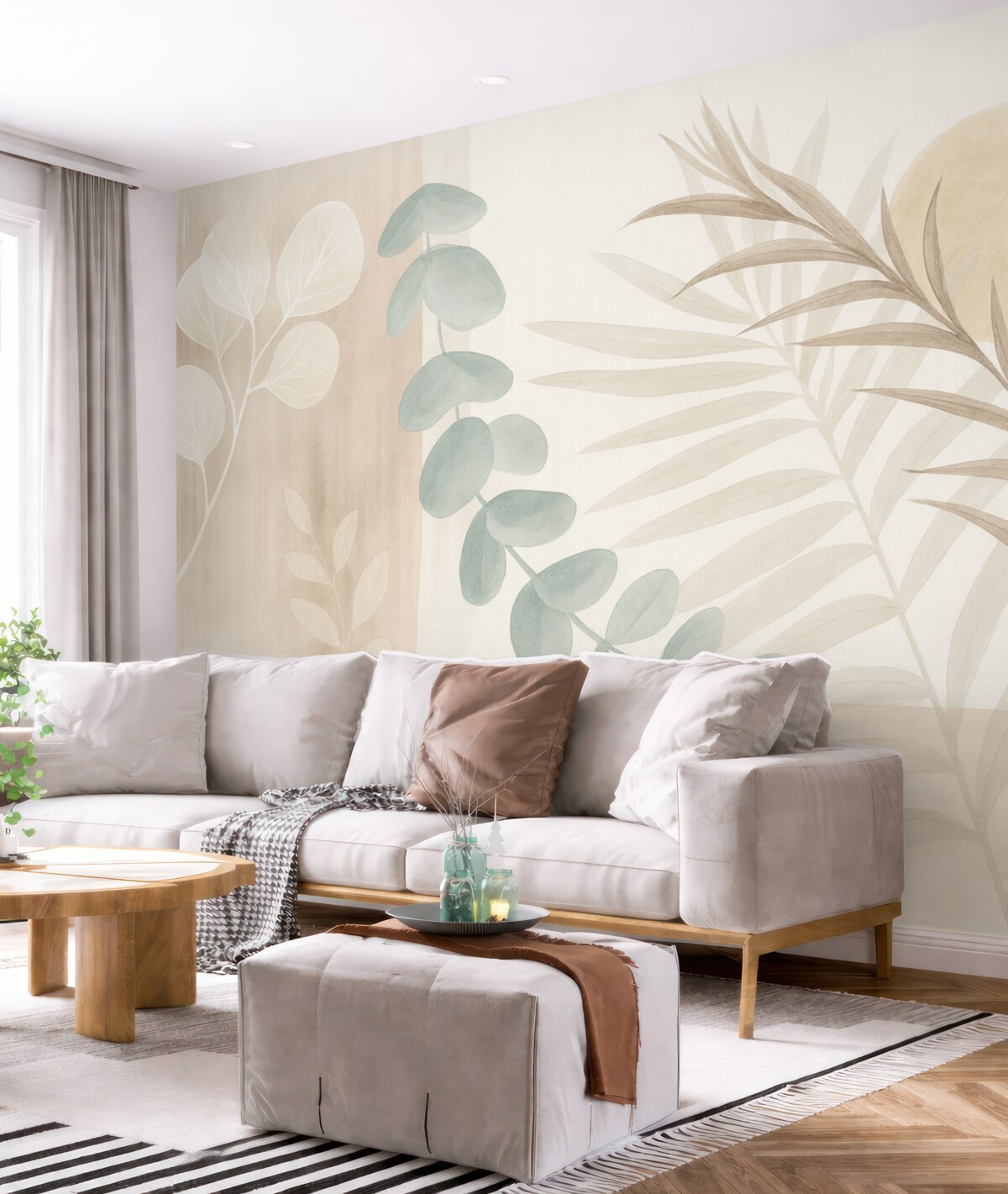 Fototapeta Minimalistyczny abstrakcyjny wzór z stylizowanymi liśćmi oraz eukaliptusem o delikatnych, beżowych organicznych formach w subtelnych pastelowych odcieniach.