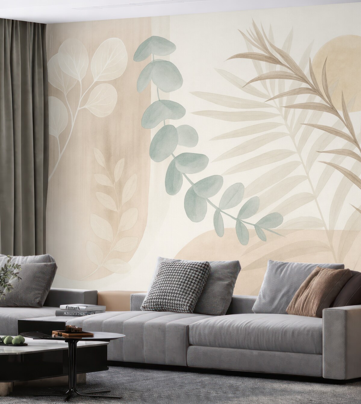 Fototapeta Minimalistyczny abstrakcyjny wzór z stylizowanymi liśćmi oraz eukaliptusem o delikatnych, beżowych organicznych formach w subtelnych pastelowych odcieniach.