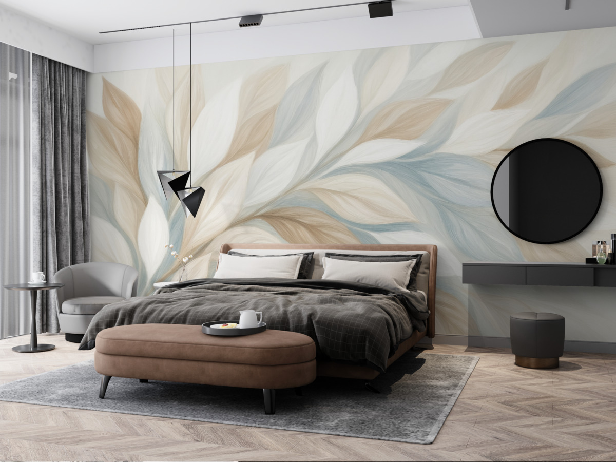 Fototapeta Miękkie, pastelowe liście w tonacjach bieli, beżu i jasnego błękitu tworzą subtelną i eteryczną kompozycję.