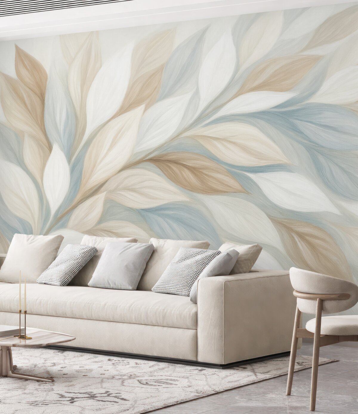 Fototapeta Miękkie, pastelowe liście w tonacjach bieli, beżu i jasnego błękitu tworzą subtelną i eteryczną kompozycję.