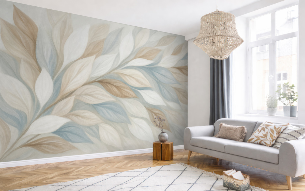 Fototapeta Miękkie, pastelowe liście w tonacjach bieli, beżu i jasnego błękitu tworzą subtelną i eteryczną kompozycję.