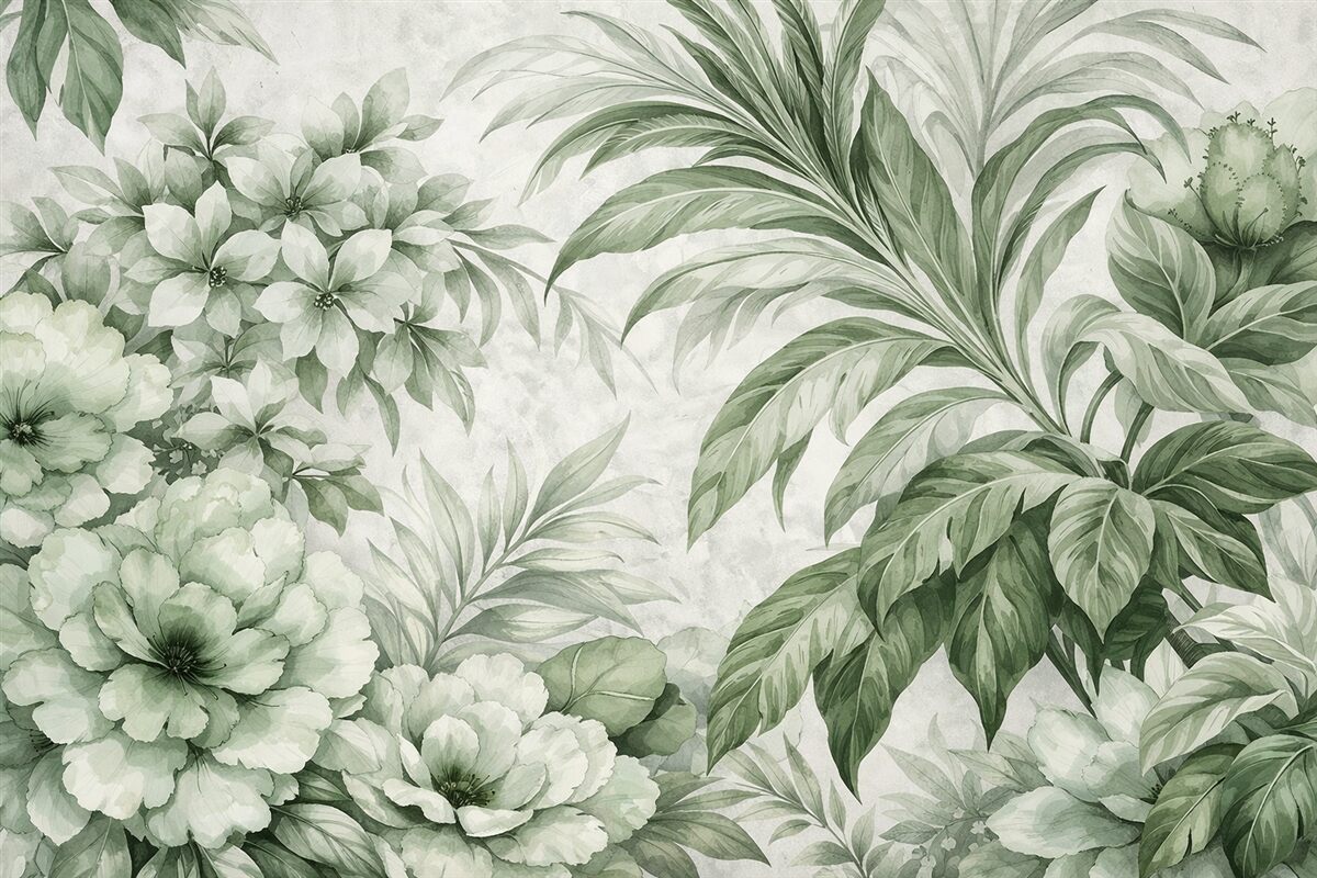 Fototapeta Tropikalne liście i roślinność w subtelnej gamie od jasnych do ciemniejszych tonów zieleni na teksturowanym jasnym tle.