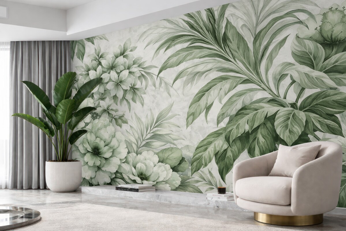 Fototapeta Tropikalne liście i roślinność w subtelnej gamie od jasnych do ciemniejszych tonów zieleni na teksturowanym jasnym tle.