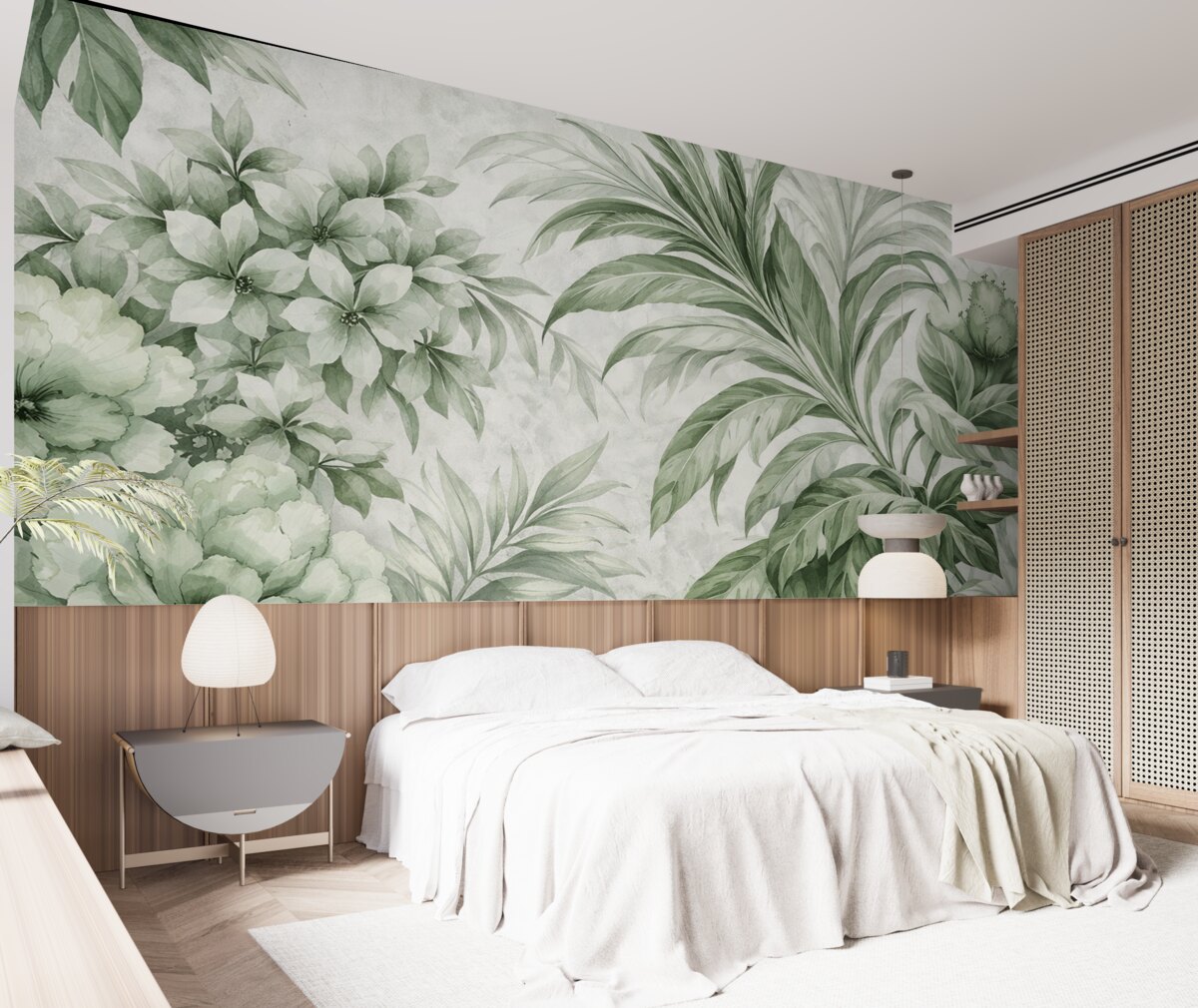 Fototapeta Tropikalne liście i roślinność w subtelnej gamie od jasnych do ciemniejszych tonów zieleni na teksturowanym jasnym tle.