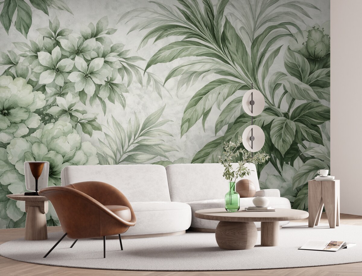 Fototapeta Tropikalne liście i roślinność w subtelnej gamie od jasnych do ciemniejszych tonów zieleni na teksturowanym jasnym tle.