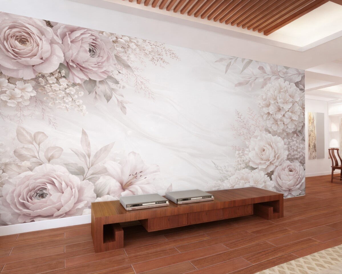 Fototapeta Łagodny, abstrakcyjny wzór kwiatowy z dużymi różowymi oraz białymi kwiatami, subtelnymi liśćmi i pastelową, stonowaną paletą barw.