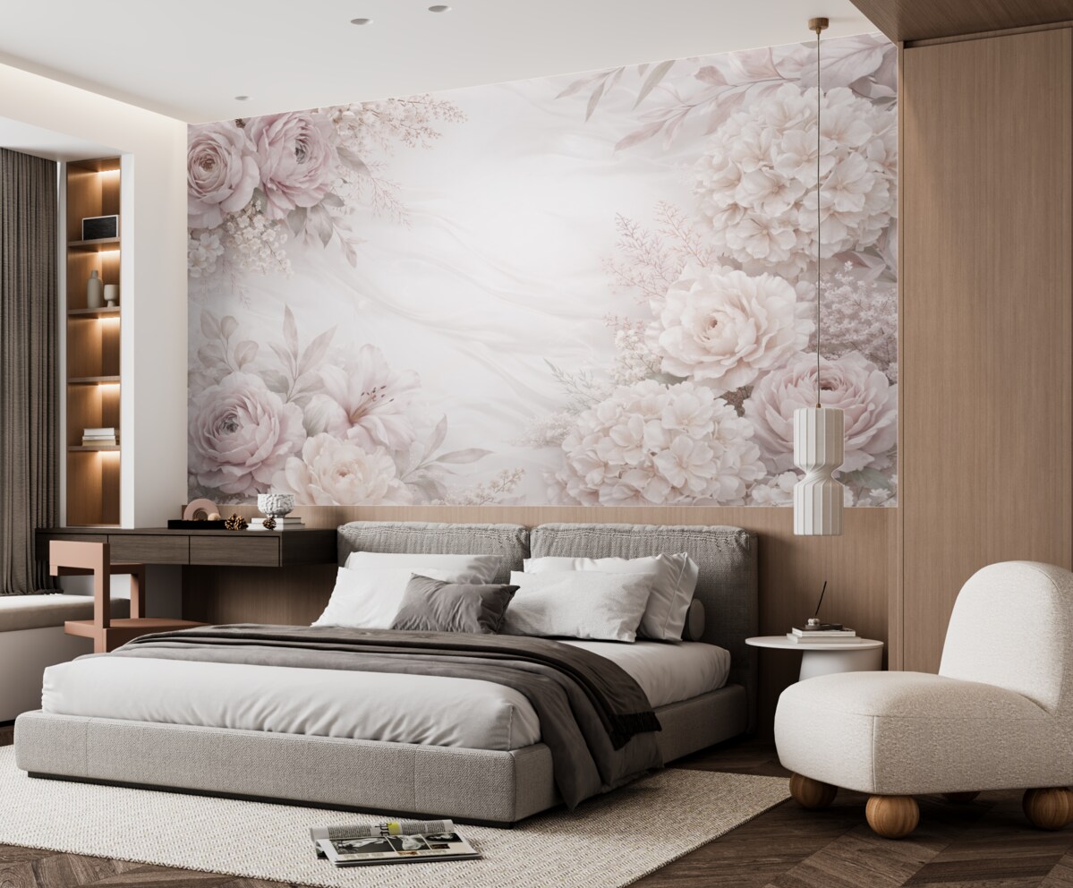 Fototapeta Łagodny, abstrakcyjny wzór kwiatowy z dużymi różowymi oraz białymi kwiatami, subtelnymi liśćmi i pastelową, stonowaną paletą barw.