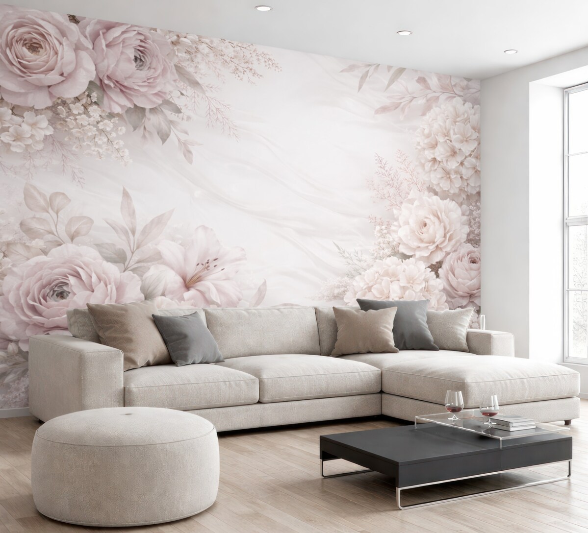 Fototapeta Łagodny, abstrakcyjny wzór kwiatowy z dużymi różowymi oraz białymi kwiatami, subtelnymi liśćmi i pastelową, stonowaną paletą barw.
