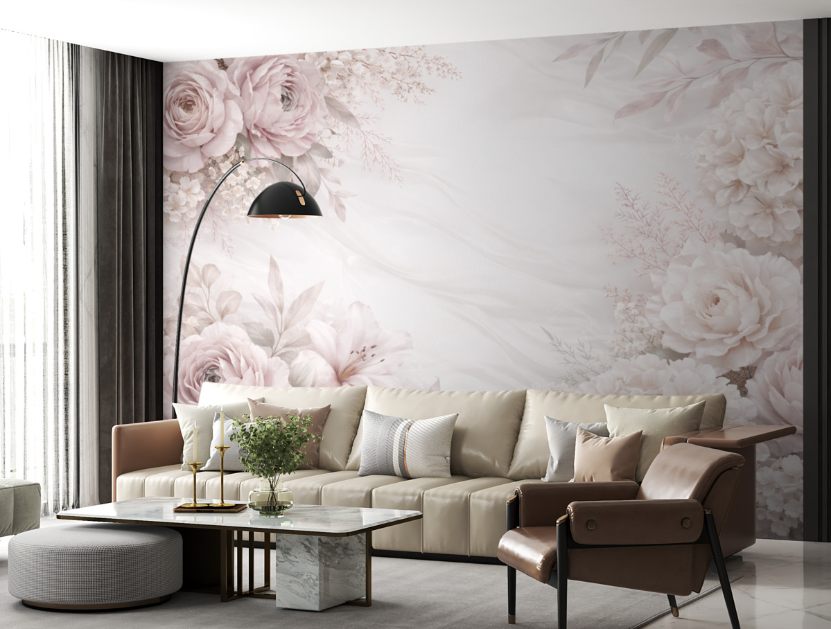 Fototapeta Łagodny, abstrakcyjny wzór kwiatowy z dużymi różowymi oraz białymi kwiatami, subtelnymi liśćmi i pastelową, stonowaną paletą barw.