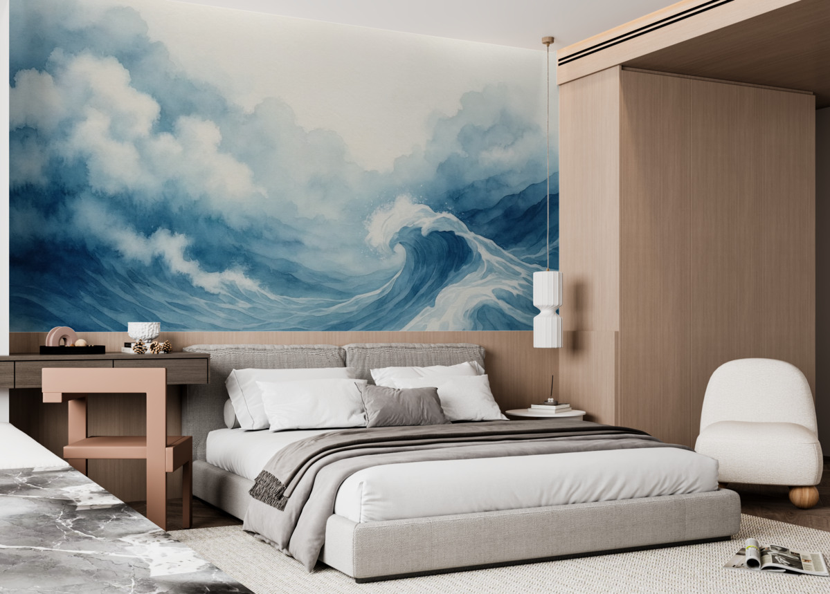 Fototapeta Oceń fale w stylu akwarelowym w odcieniach błękitu.