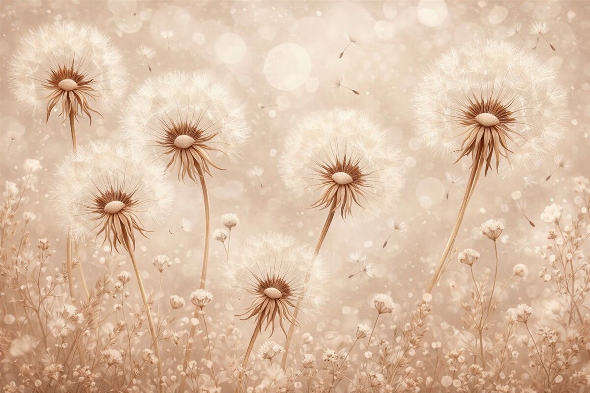 Fototapeta Stylowe mlecze i łąkowe kwiaty w artystycznym wydaniu w ciepłych tonacjach.