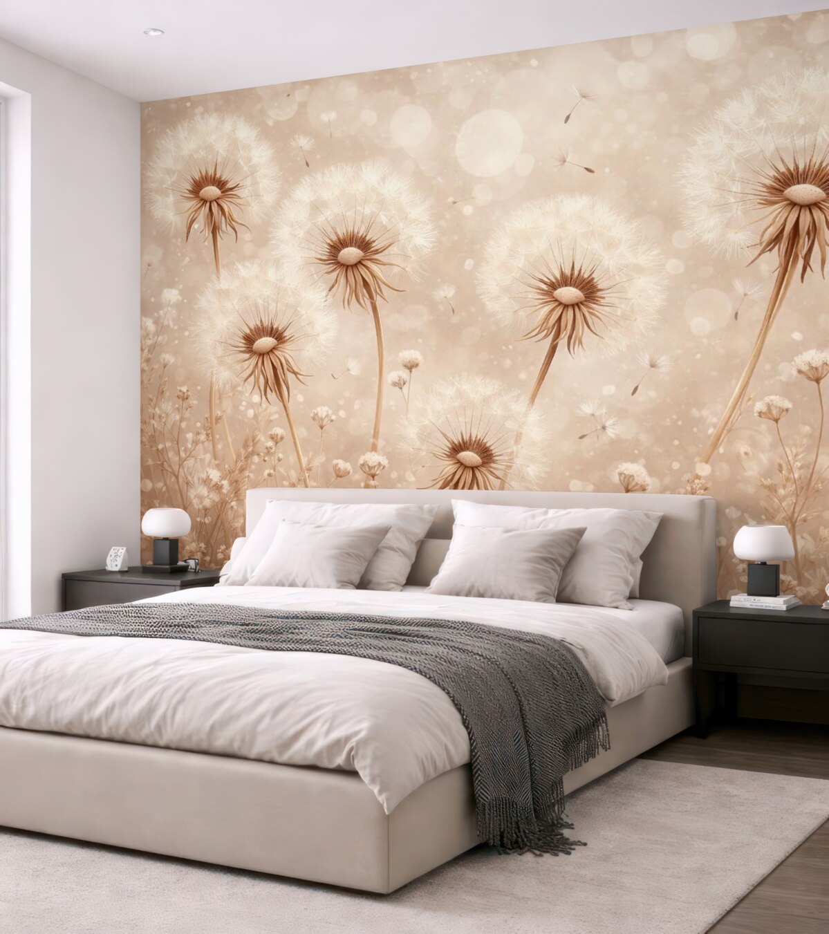 Fototapeta Stylowe mlecze i łąkowe kwiaty w artystycznym wydaniu w ciepłych tonacjach.