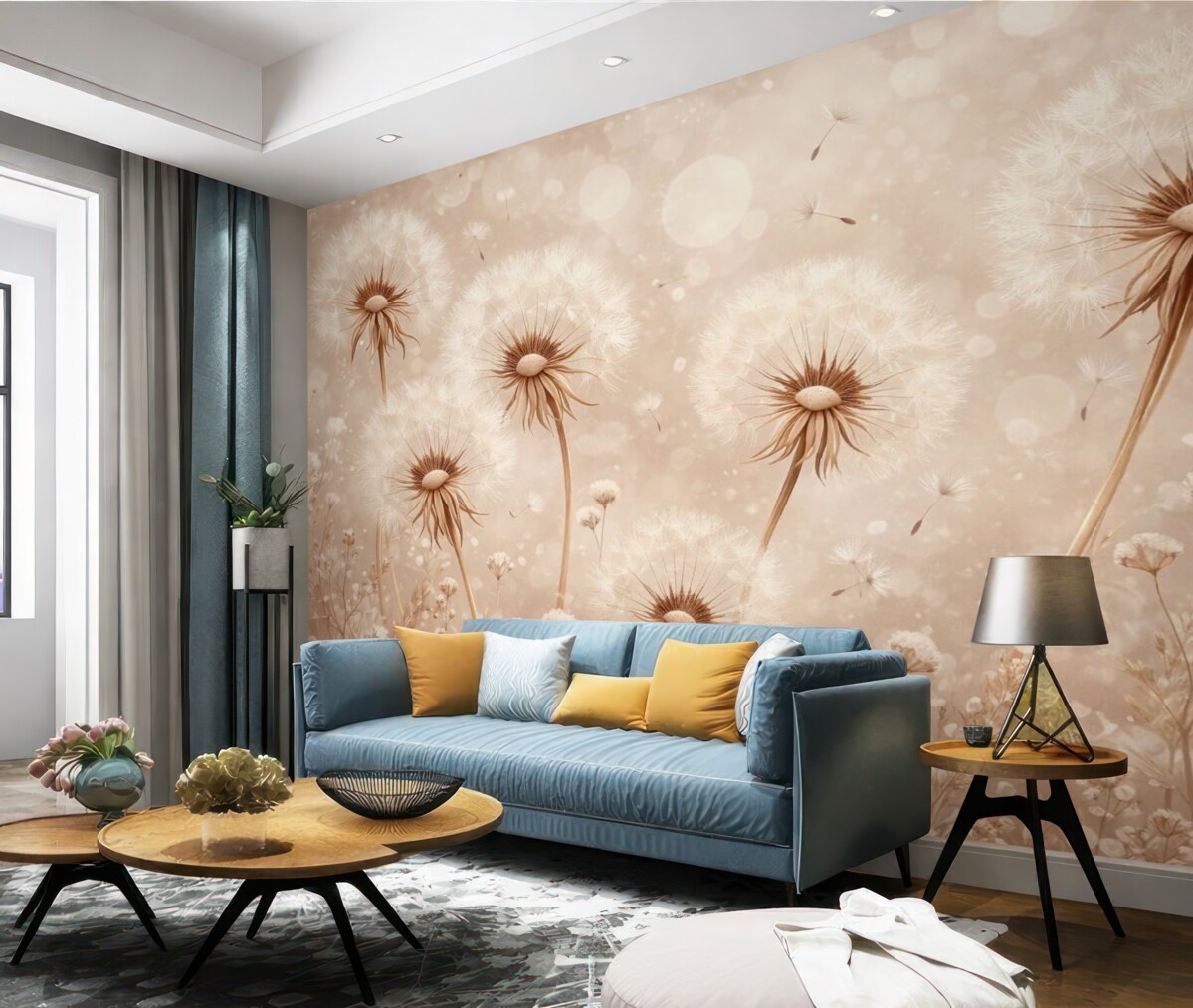 Fototapeta Stylowe mlecze i łąkowe kwiaty w artystycznym wydaniu w ciepłych tonacjach.