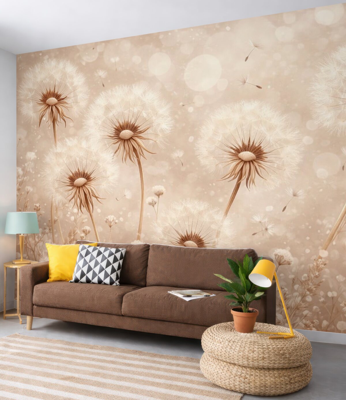 Fototapeta Stylowe mlecze i łąkowe kwiaty w artystycznym wydaniu w ciepłych tonacjach.