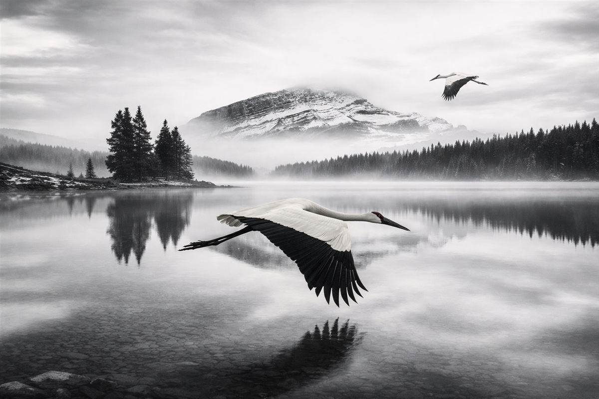 Fototapeta Bocian przelatuje nad rzeką i górami, czarno-biała sceneria z ptakami.