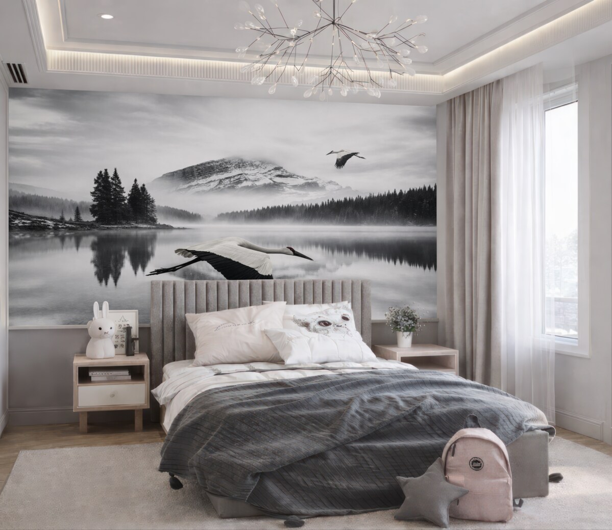 Fototapeta Bocian przelatuje nad rzeką i górami, czarno-biała sceneria z ptakami.