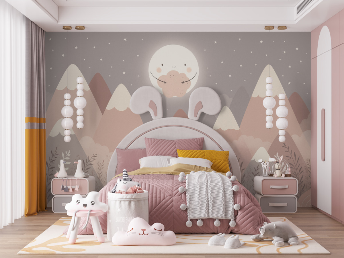 Fototapeta Góry dla maluchów z urokliwym księżycem i roślinami na dole.