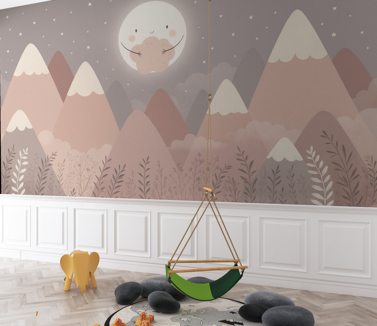 Fototapeta Góry dla maluchów z urokliwym księżycem i roślinami na dole.