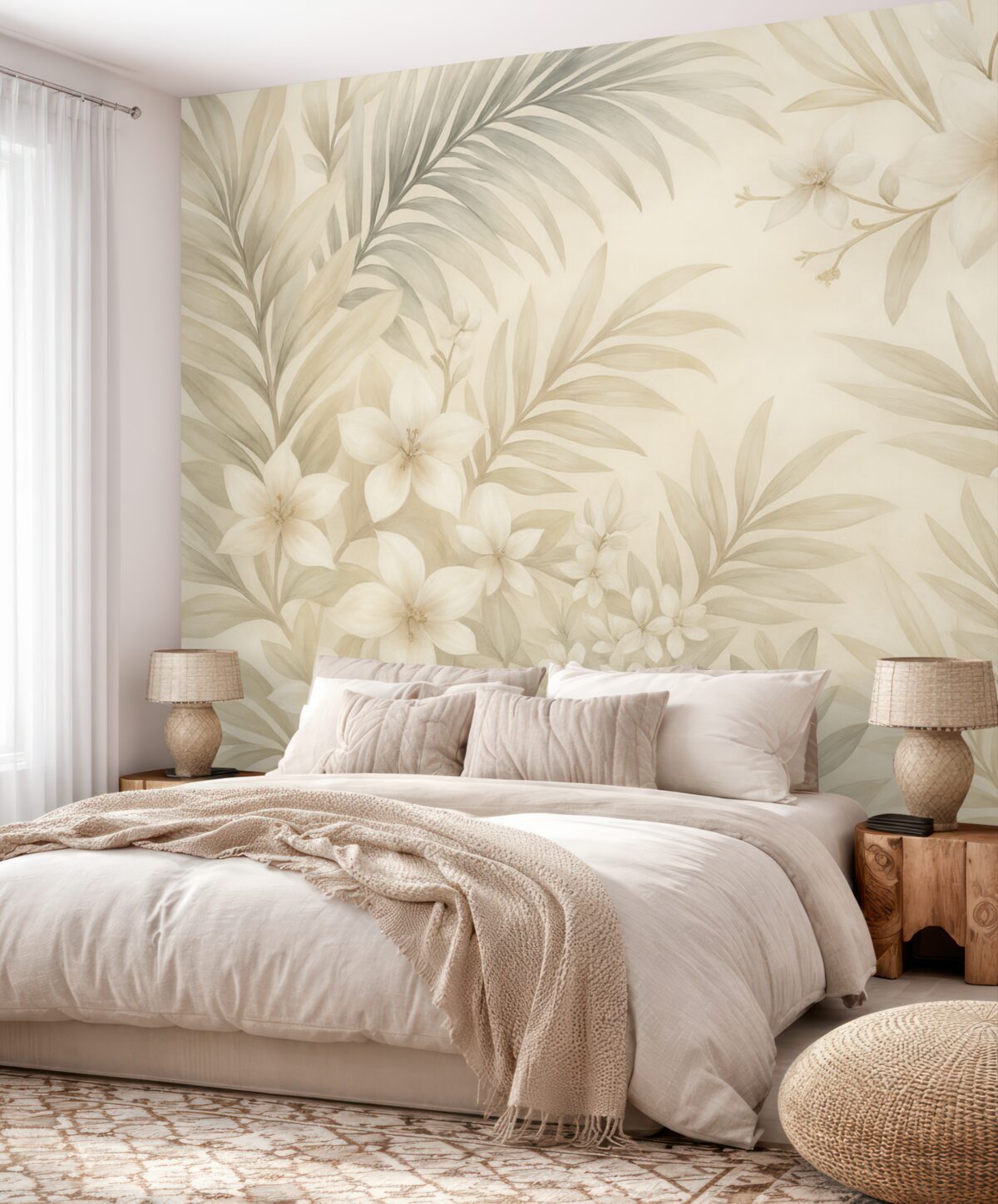 Fototapeta Tropikalne liście oraz kwiaty w delikatnych odcieniach, w tym jasne zielenie, biele i subtelne róże.