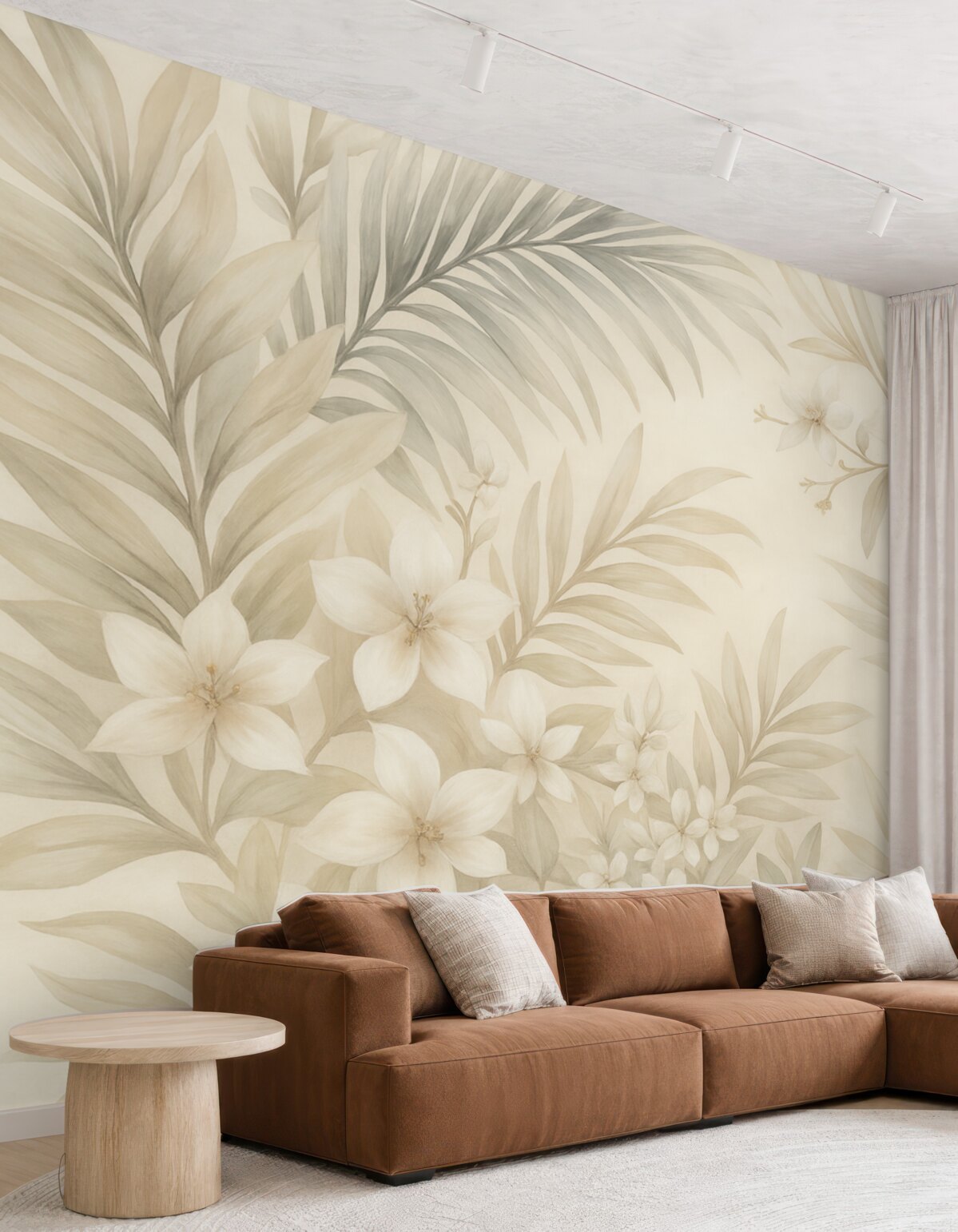 Fototapeta Tropikalne liście oraz kwiaty w delikatnych odcieniach, w tym jasne zielenie, biele i subtelne róże.