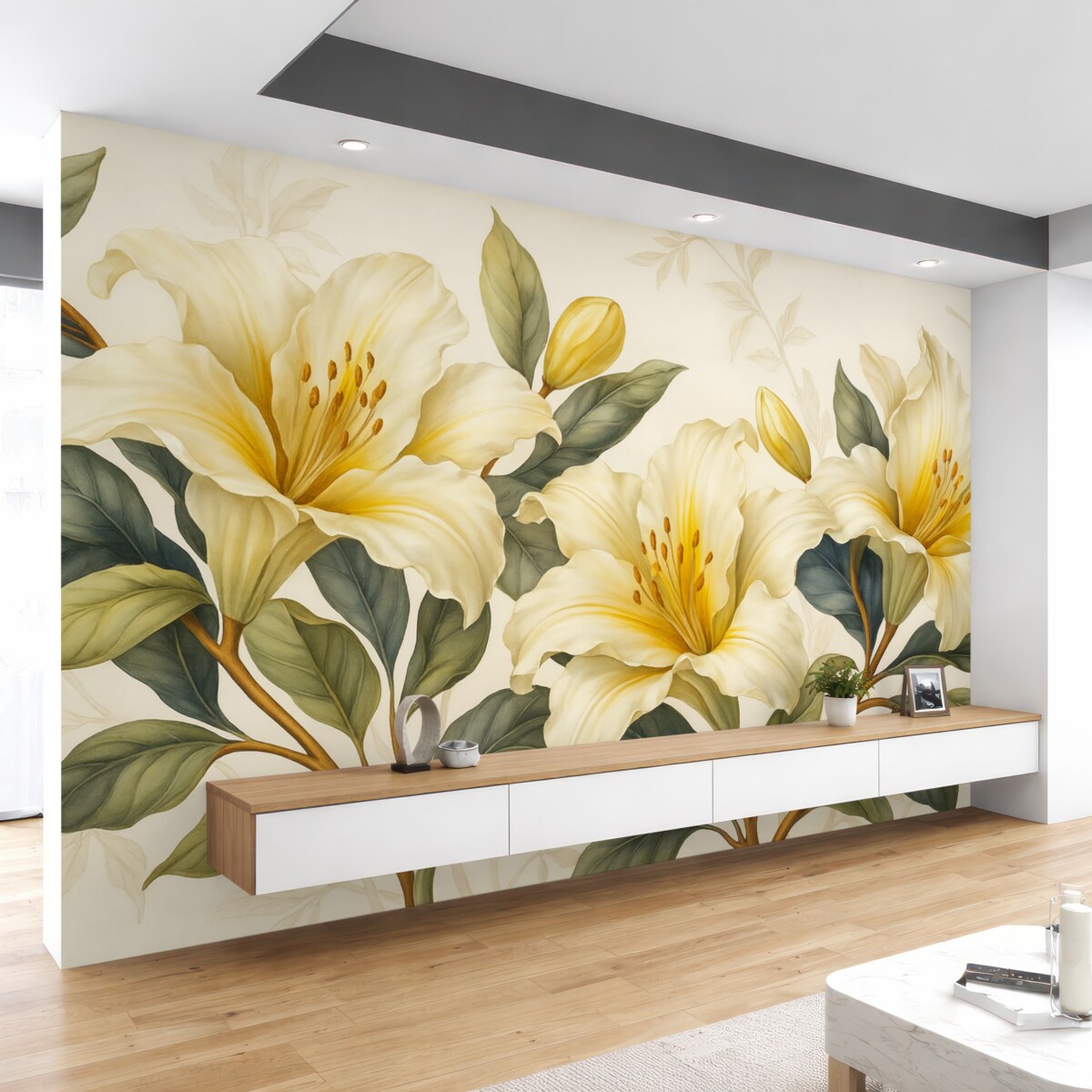 Fototapeta Obraz białych lilii z żółtymi detalami i zielono-brązowymi liśćmi na jasnym tle.