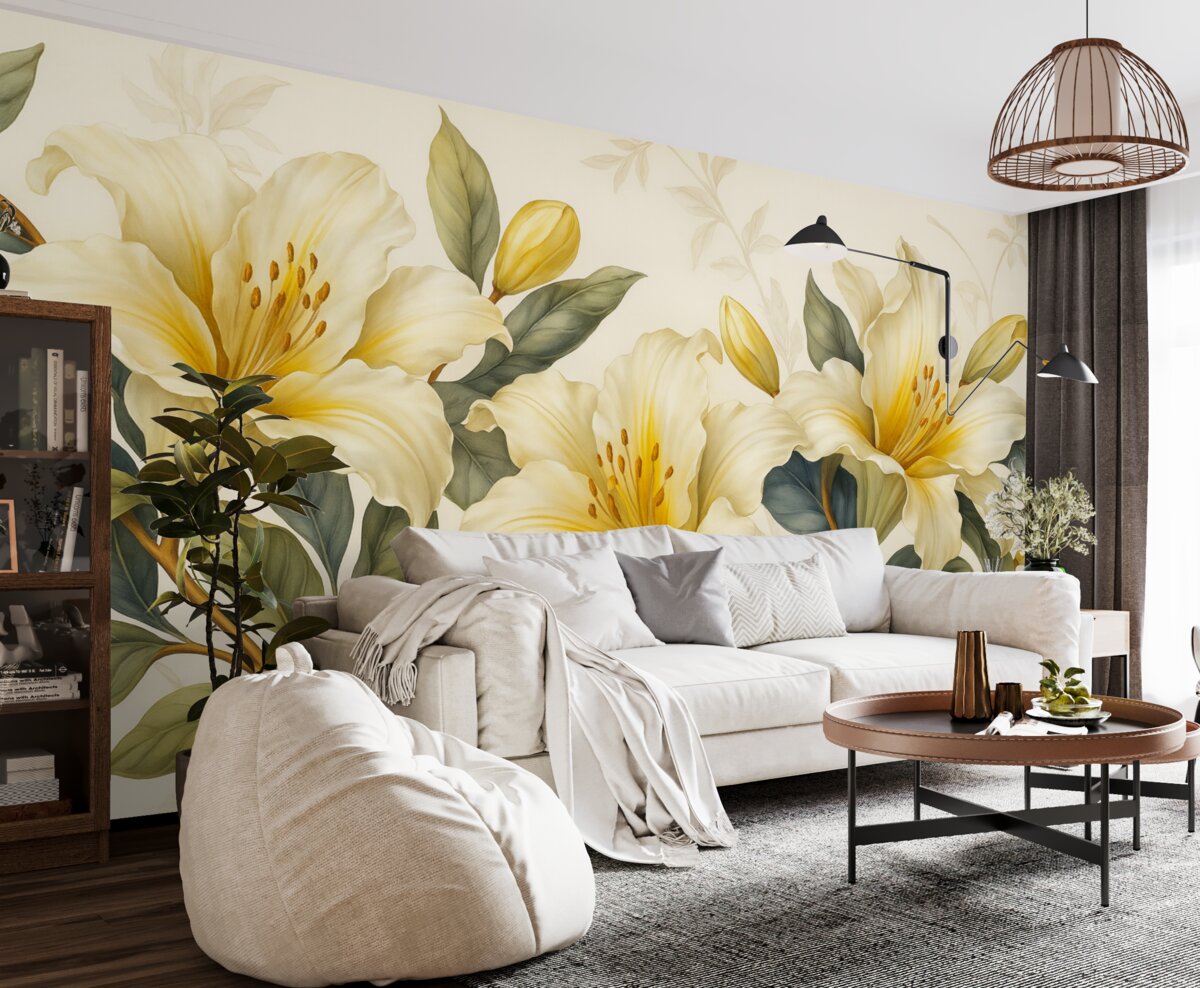 Fototapeta Obraz białych lilii z żółtymi detalami i zielono-brązowymi liśćmi na jasnym tle.