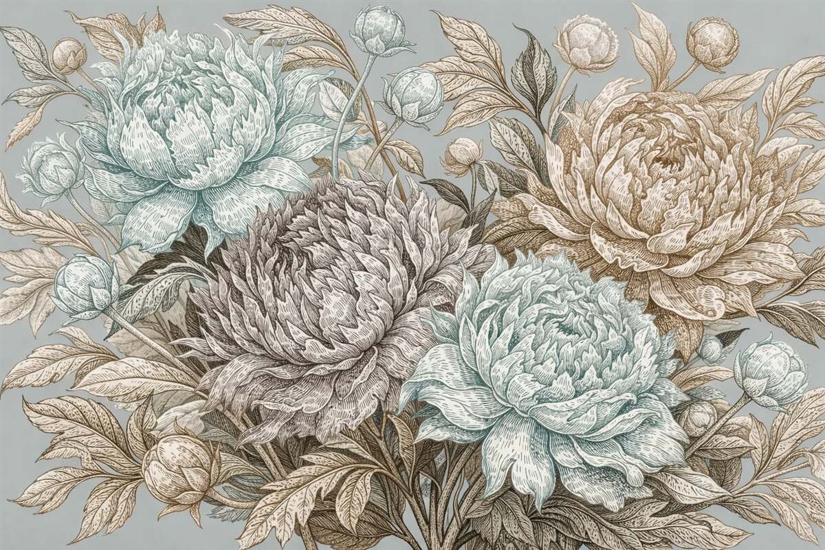 Fototapeta Szczegółowy wzór kwiatowy z dużymi piwoniami oraz liśćmi w kolorach niebieskiego, beżowego i brązowego.