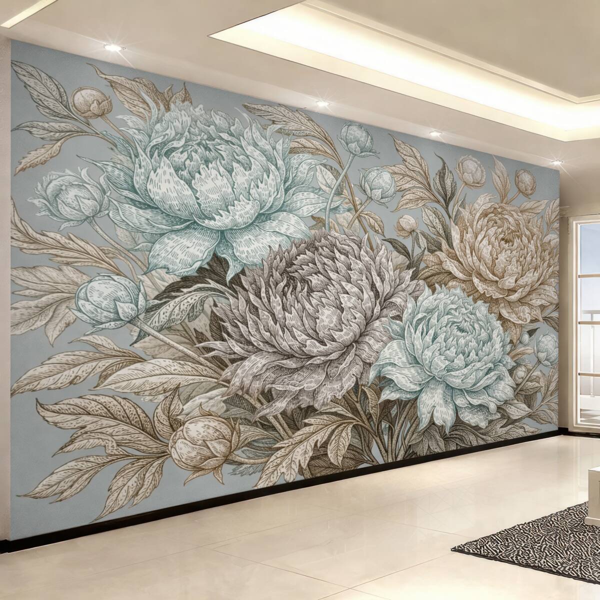 Fototapeta Szczegółowy wzór kwiatowy z dużymi piwoniami oraz liśćmi w kolorach niebieskiego, beżowego i brązowego.