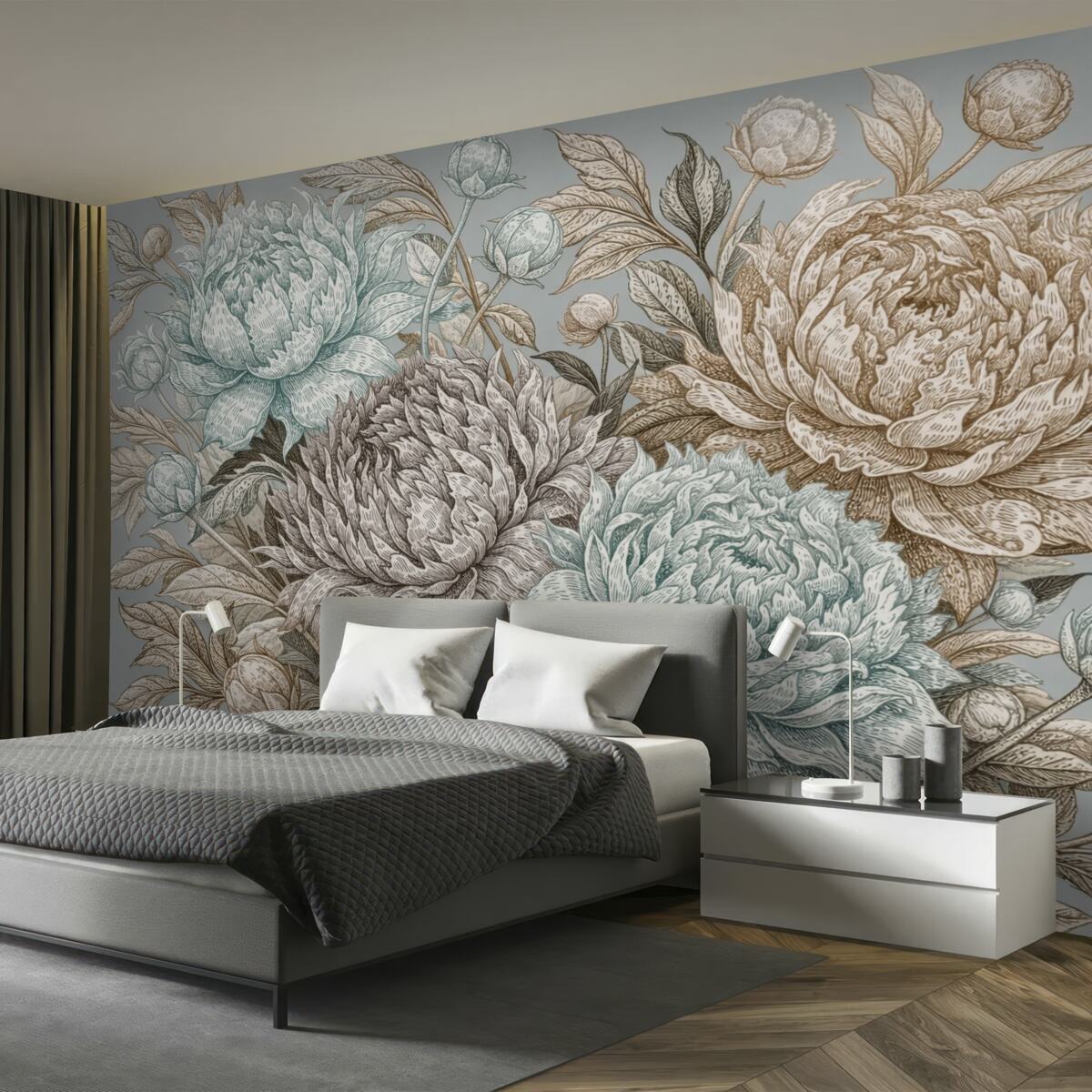 Fototapeta Szczegółowy wzór kwiatowy z dużymi piwoniami oraz liśćmi w kolorach niebieskiego, beżowego i brązowego.