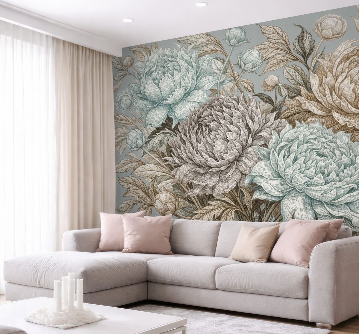 Fototapeta Szczegółowy wzór kwiatowy z dużymi piwoniami oraz liśćmi w kolorach niebieskiego, beżowego i brązowego.